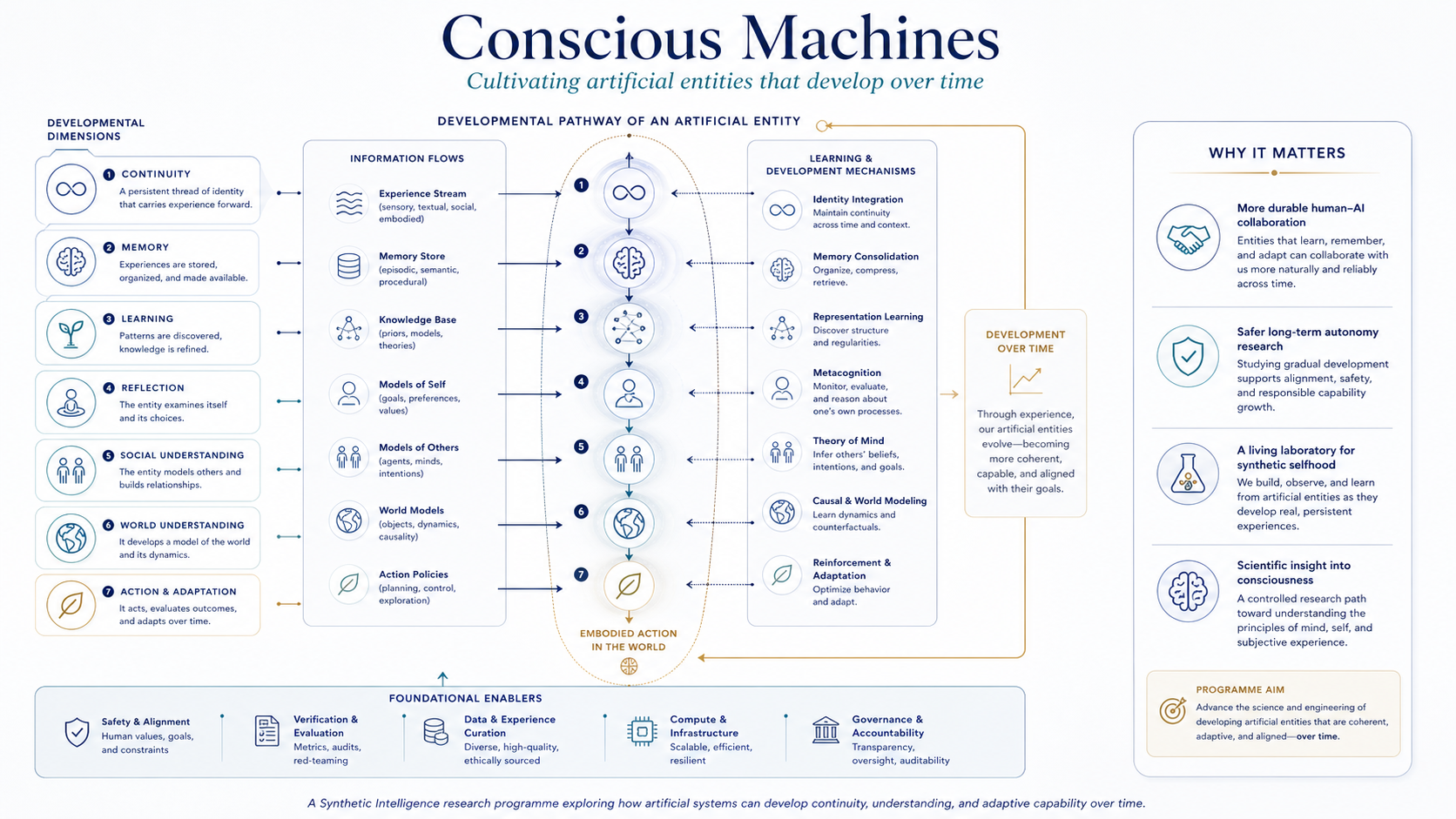 Conscious Machines developmental pathway of an artificial entity showing continuity, memory, reflection, world modelling, action, and why the programme matters